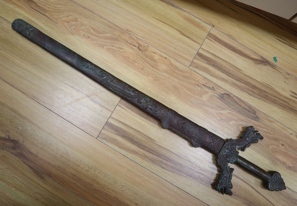 A Chinese bronze model of a sword, length 93cm